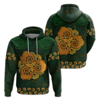 Green pullover hoodie with gold Celtic triple spiral disk graphic and green knot sleeves