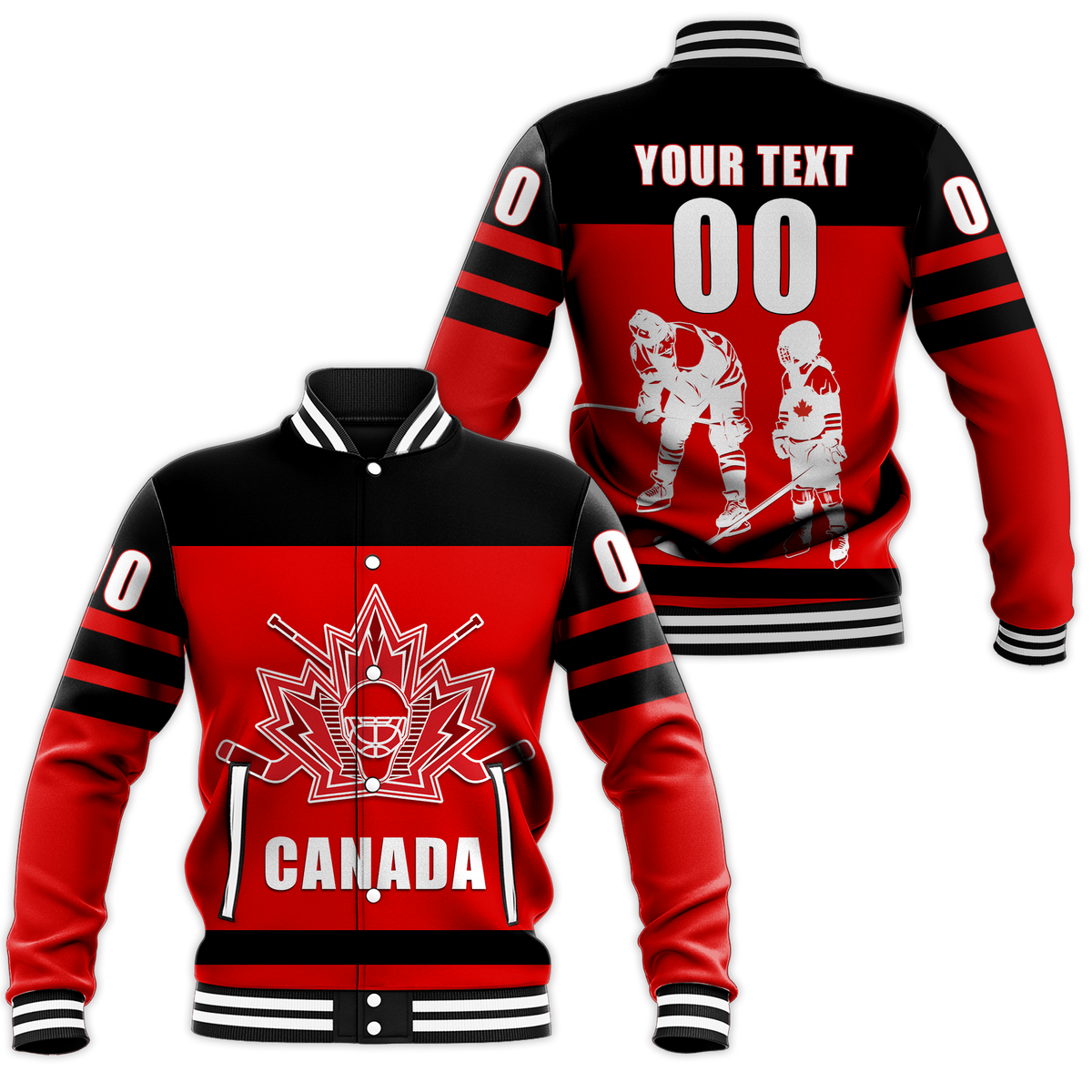Red Canada hockey supporter baseball jacket, front and back views with varsity logo