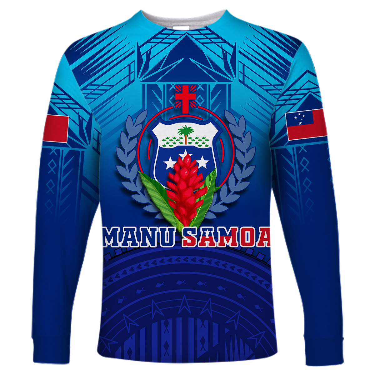 Blue long-sleeve shirt with tribal crest and floral emblem, crew neck and cuffs