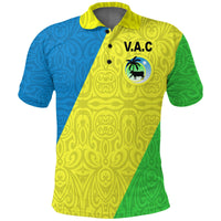 Blue yellow green Vanuatu agriculture polo, V.A.C logo and round emblem on front