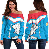 Women off-shoulder sweater in blue with red/white chevron and lion graphic