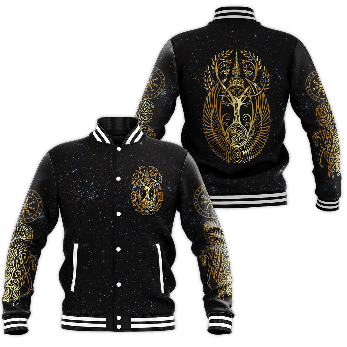 Black baseball jacket with gold Viking Odin face and sleeve runes, front and back view