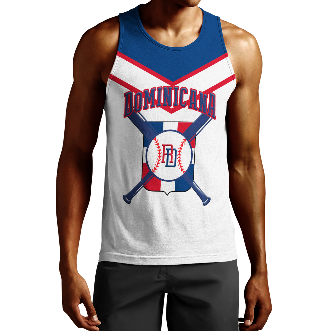 Men's baseball pride tank top, white with blue-red crest and DOMINICANA text