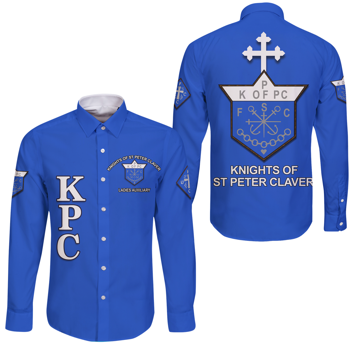 Blue long-sleeve button shirt with Knights of St Peter Claver logo front and back
