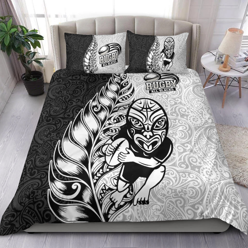 Rugby bedding set with black-and-white Maori warrior graphic and two matching pillowcases
