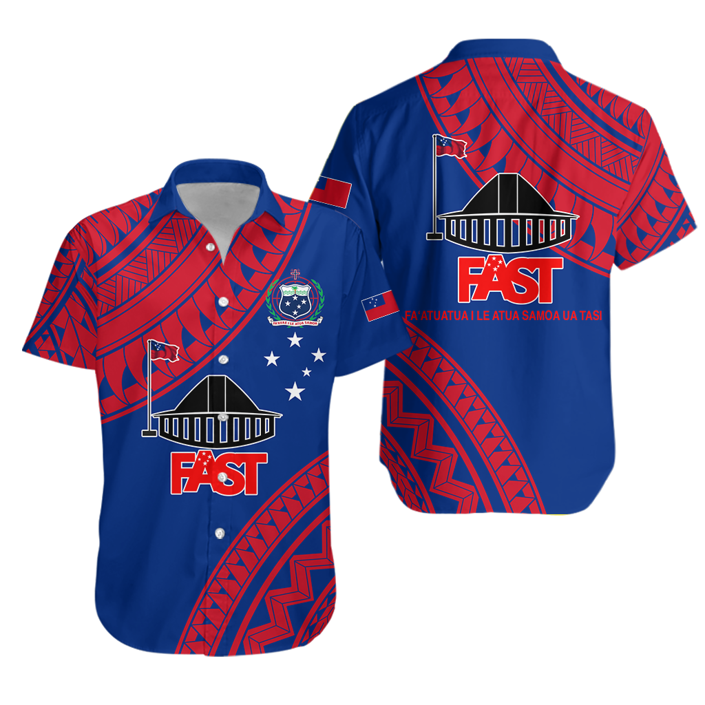 Blue Hawaiian shirt with red geometric pattern, FAST logo on chest, short sleeves