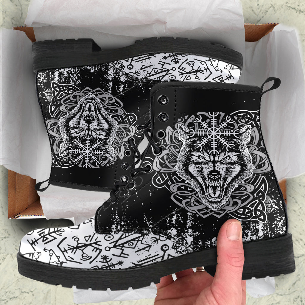 Black lace-up leather-style boots with snarling wolf and Viking knot/vegvisir graphics