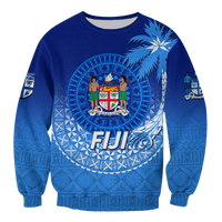 Blue unisex sweatshirt with circular tribal Fiji graphic and coconut tree scene