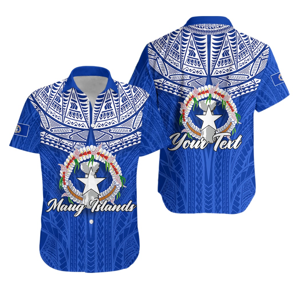 Blue Hawaiian shirt with Maug Islands text, wreath with star emblem; unisex