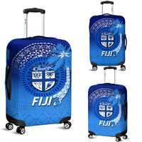 Blue Fiji luggage cover with tribal shield and palm tree graphic, front view