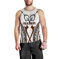 White sleeveless tank top with Fiji Bati tapa design and crew neck, front view
