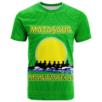 Green T-shirt with MATASAGUA & MANUATELEE front graphic, sea circle scene