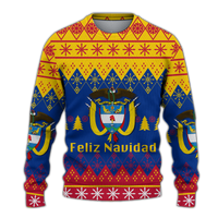 Christmas crewneck sweatshirt with Feliz Navidad graphic, blue yellow red knit pattern