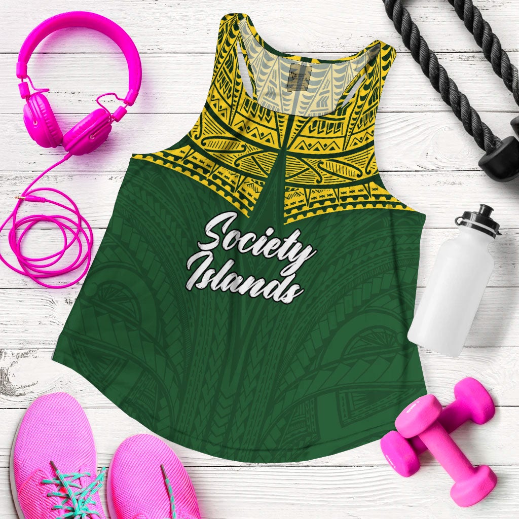 Flat green women’s tank top with yellow patterned yoke and Society Islands text