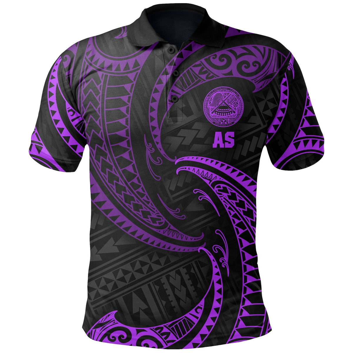 American Samoa polo morada con patrón tribal de olas y logo AS en el pecho