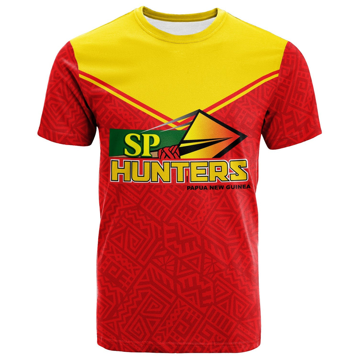Red SP Hunters T-shirt with yellow shoulders and front logo print, short sleeves