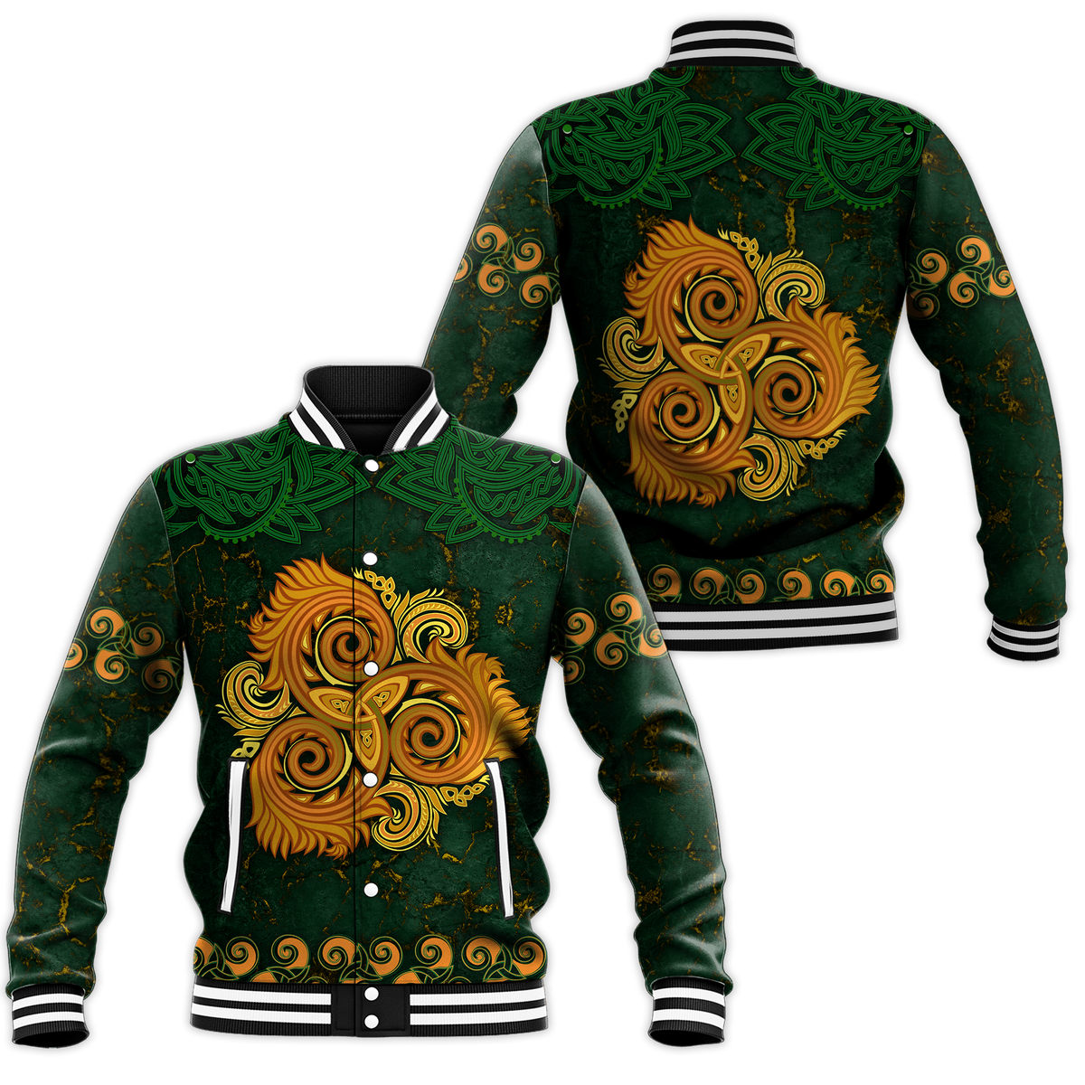 Green unisex baseball jacket with Celtic triple spiral gold-and-green disk graphic