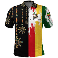 Multicolor Ethiopia flag polo with aztec geometric patterns, black base, front logo