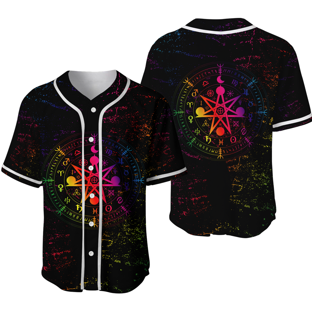Black baseball jersey with colorful occult-style pentagram circle graphic on front