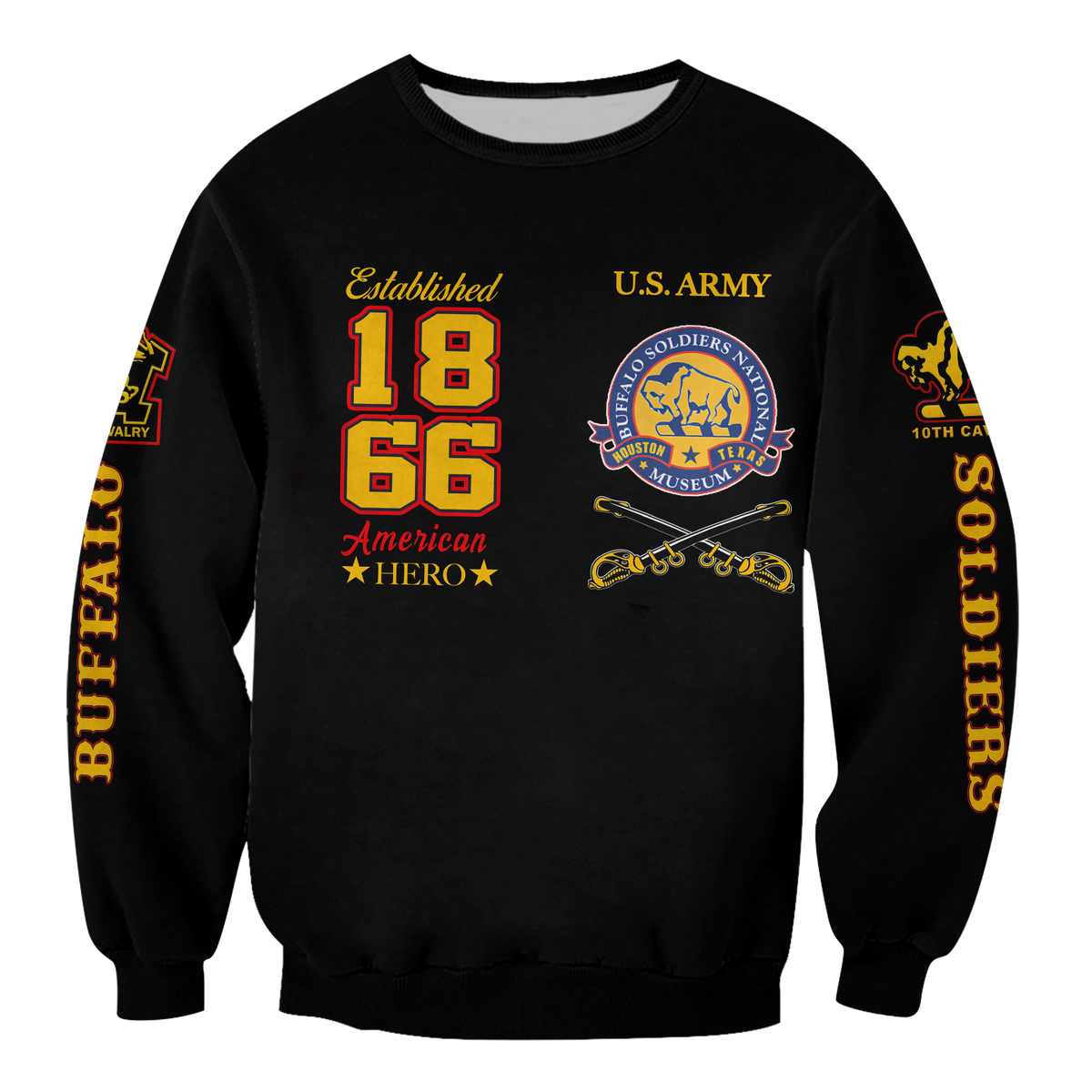 Black unisex sweatshirt with Buffalo Soldiers U.S. Army front graphic, 18/66
