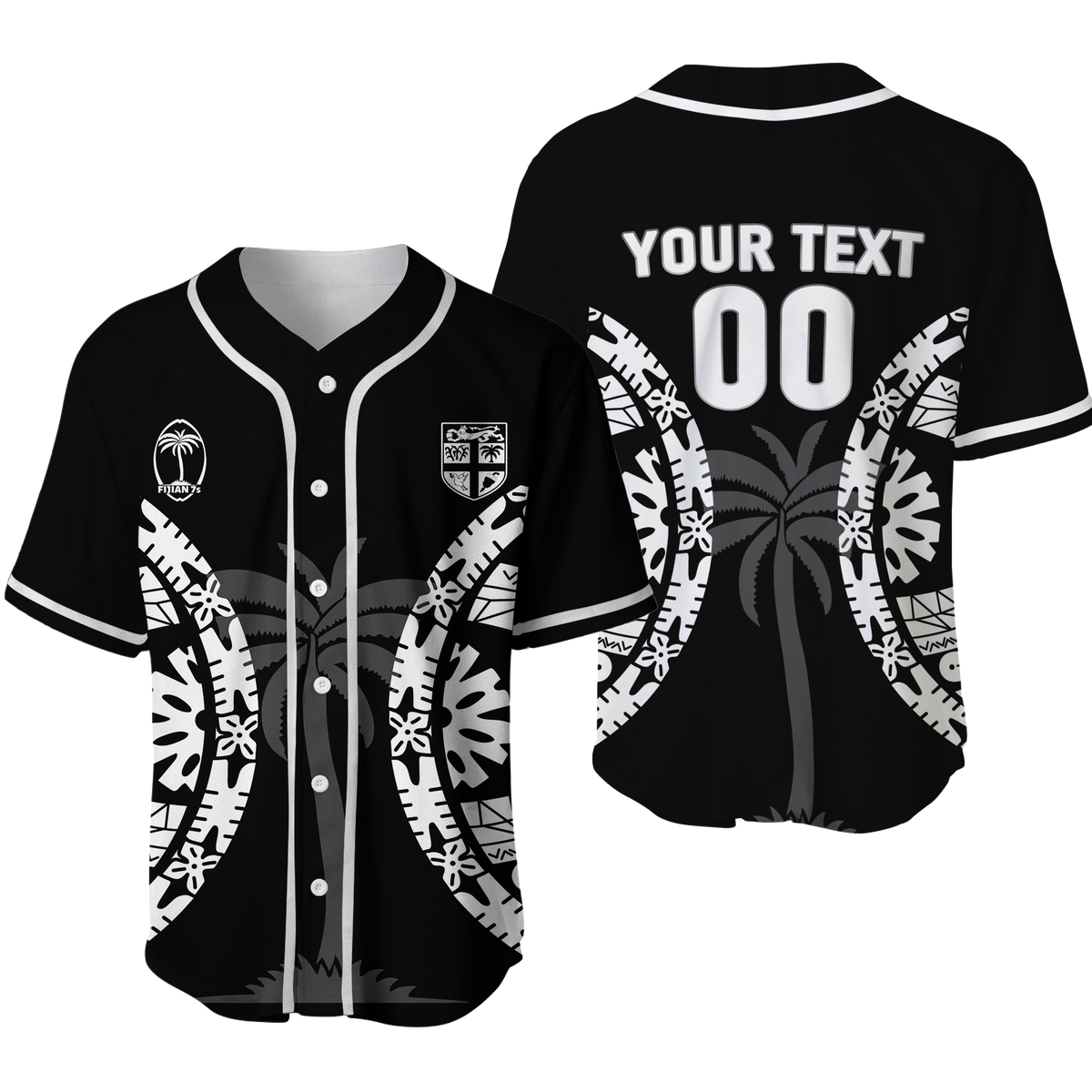 Black baseball rugby jersey with white tapa pattern, button placket, contrast trim, custom text.
