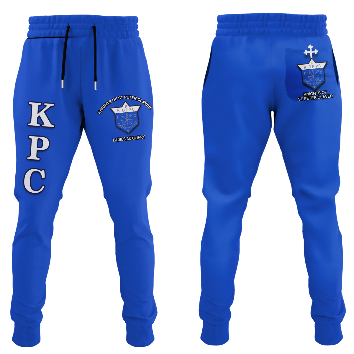 Blue jogger pants with KPC letters print and KOPFC ladies auxiliary logo patch