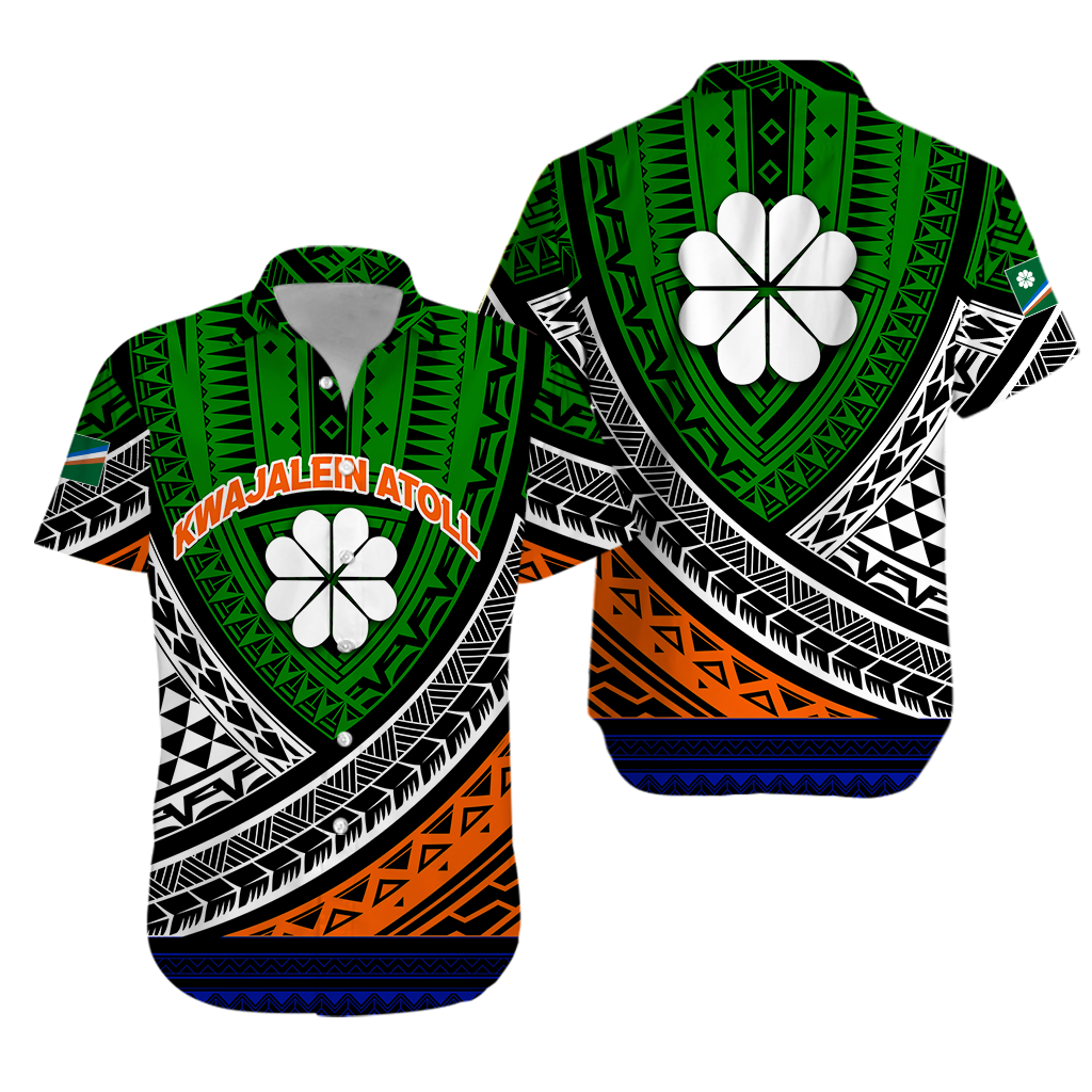 Hawaiian shirt with green tribal pattern and white flower emblem, short-sleeve