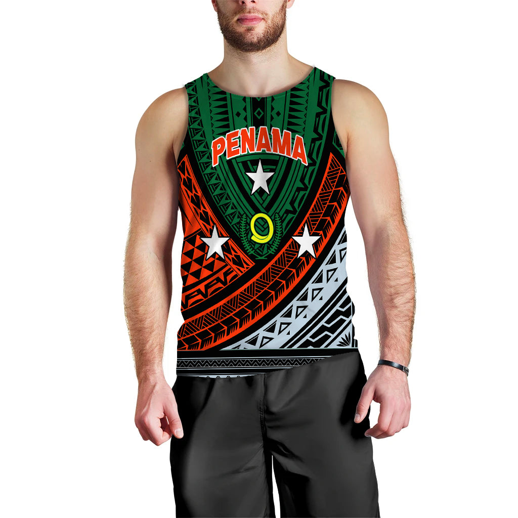Men's tank top, green tribal print with 'PENAMA', stars and circular emblem