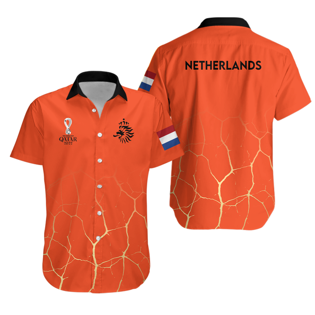 Orange button-up short-sleeve Hawaiian shirt with black collar, Netherlands text and flag graphic