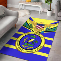 US Virgin Islands area rug with seal logo and blue-yellow-green striped design