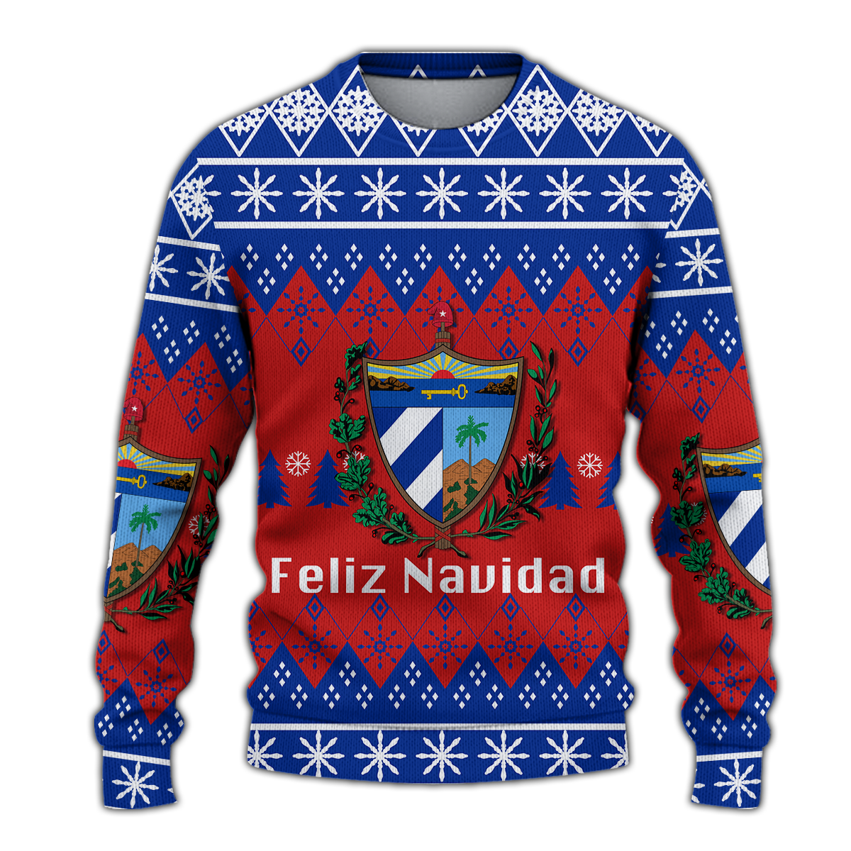 Christmas sweatshirt with blue, red and white knit pattern, crest graphic, Feliz Navidad