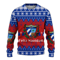 Christmas sweatshirt with blue, red and white knit pattern, crest graphic, Feliz Navidad
