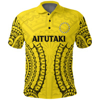 Yellow polo shirt with Aitutaki tribal graphic front and button collar