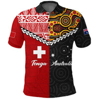 Red/black polo with Tongan and Australian flag graphics, Aboriginal patterns