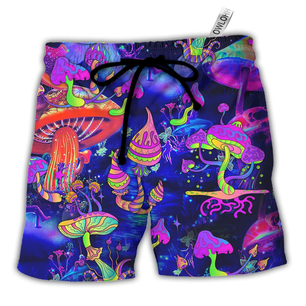 Neon galaxy art Hawaiian shorts with drawstring, all-over colorful mushroom print