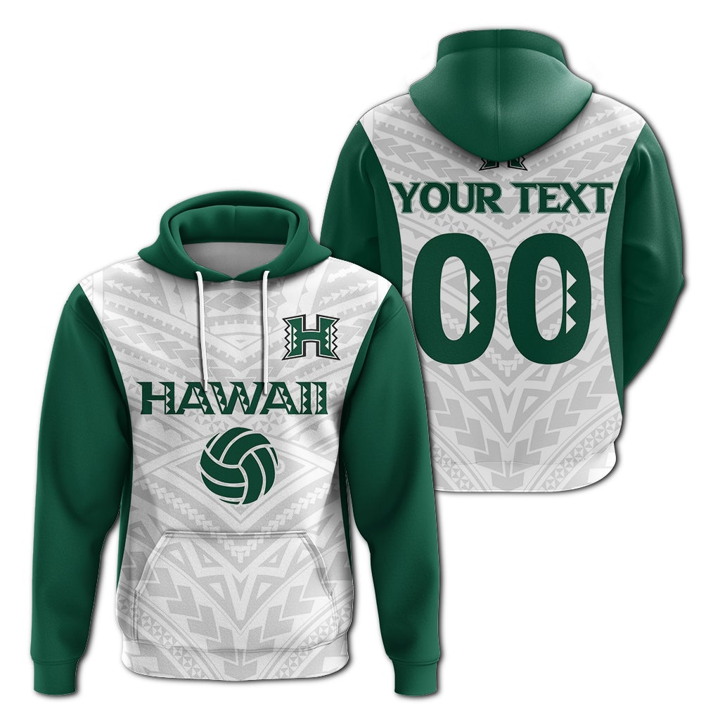Grüner Zip-Hoodie mit weißem Hawaii-Volleyball-Design vorn, große Zahl 100