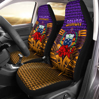 Samoa car seat covers with purple tribal hibiscus print and orange patterned cushions
