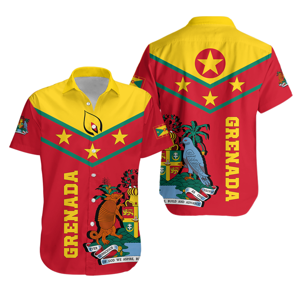 Red Grenada Hawaiian shirt with stars and coat-of-arms, GRENADA text