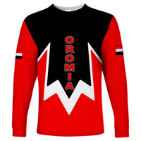 Red long-sleeve shirt, black panel with white emblem and vertical OROMIA text; sleeve flag.