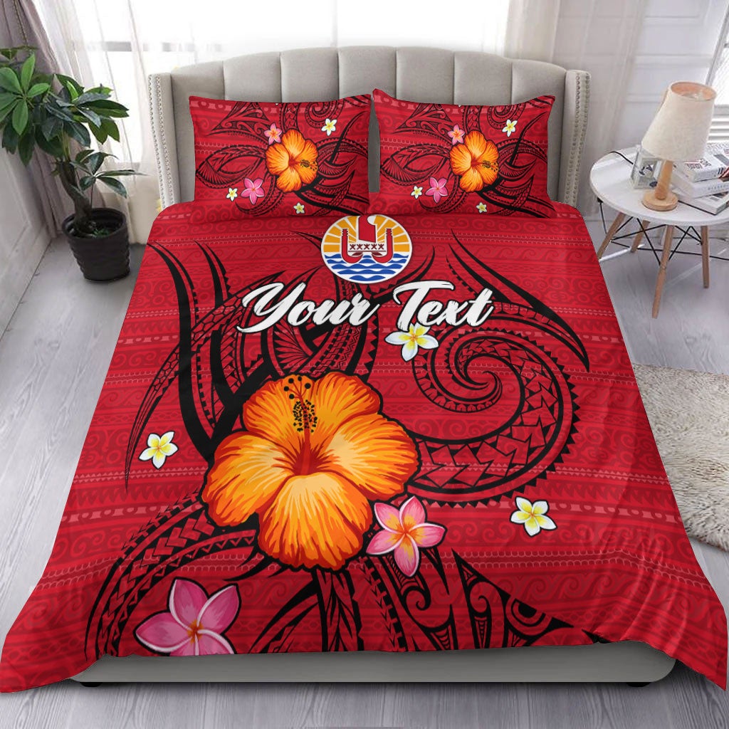 Red hibiscus bedding set with tribal patterns and custom text on duvet & pillows