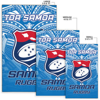 Toa Samoa rug sizes chart: large, medium, small with blue crest artwork