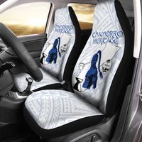 White car seat covers with blue Chamorro Heritage dancer & map print, front set