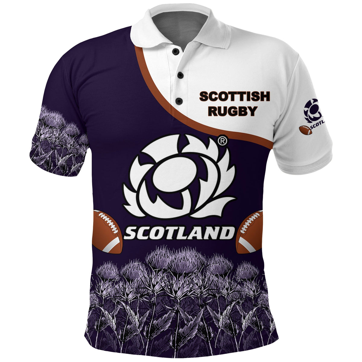 Purple rugby polo with white collar and Scotland thistle graphic, Scottish Rugby logo