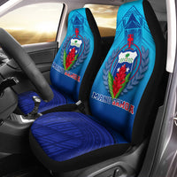 Blue Manu Samoa car seat covers with black sides, crest and text on front panels