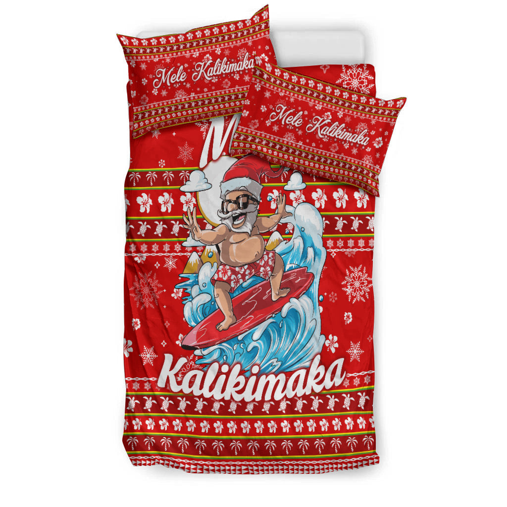 Red bedding set with surfer Santa artwork on duvet and matching “Mele Kalikimaka” pillowcases