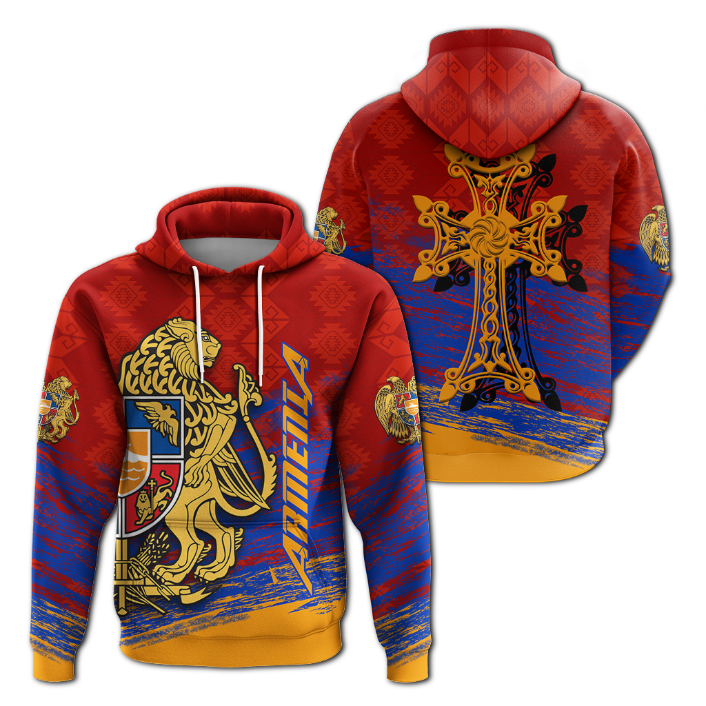 Rotbrauner Pullover-Hoodie mit großen Armenien-Grafik, Kapuze und Kordelzug, Frontansicht
