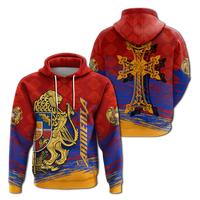 Rotbrauner Pullover-Hoodie mit großen Armenien-Grafik, Kapuze und Kordelzug, Frontansicht