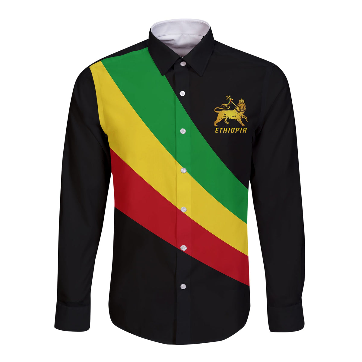 Wonder Print Shop Ethiopia flag long-sleeve button shirt, black, front diagonal tricolor graphic