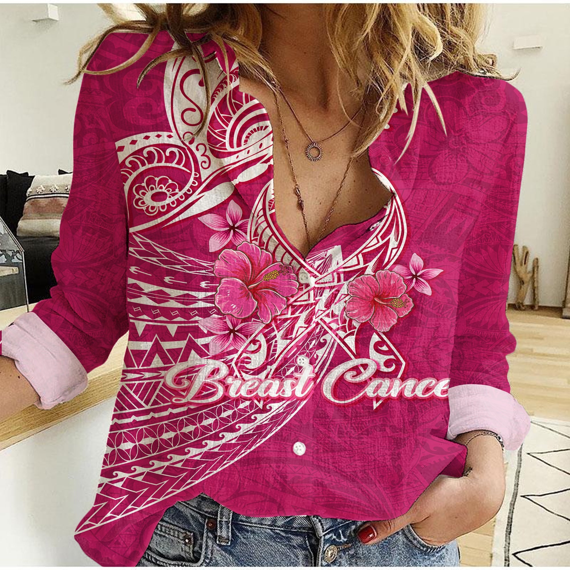 custom-personalised-breast-cancer-pink-ribbon-butterfly-polynesian-pink-version-women-casual-shirt