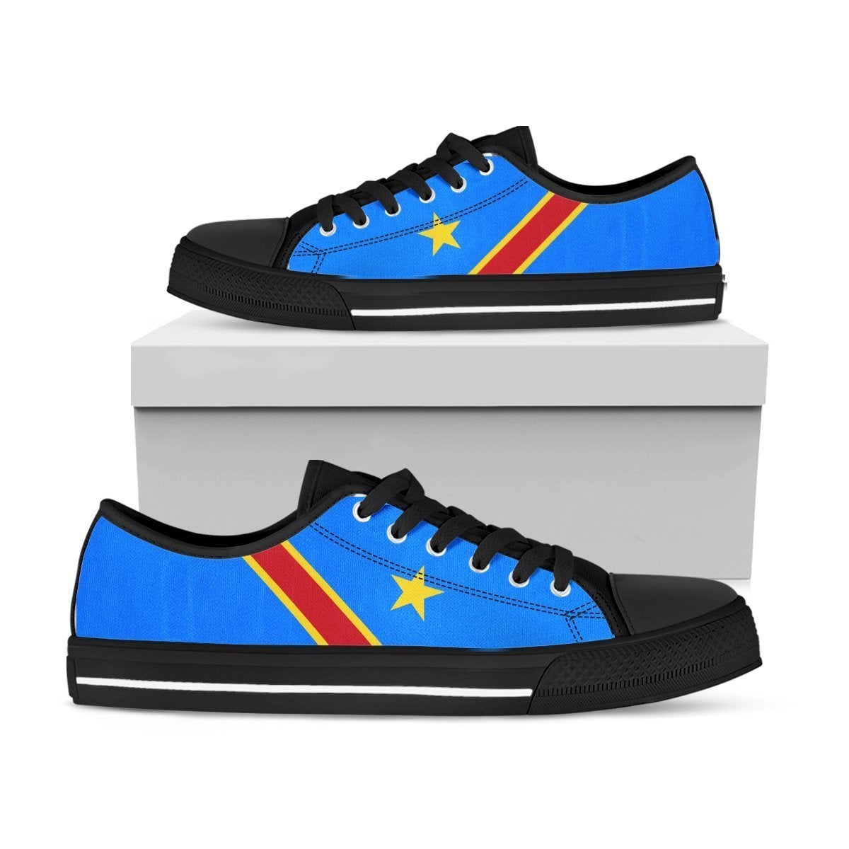 Low-top sneakers with DRC flag print: blue upper, red yellow stripe, yellow star, black sole